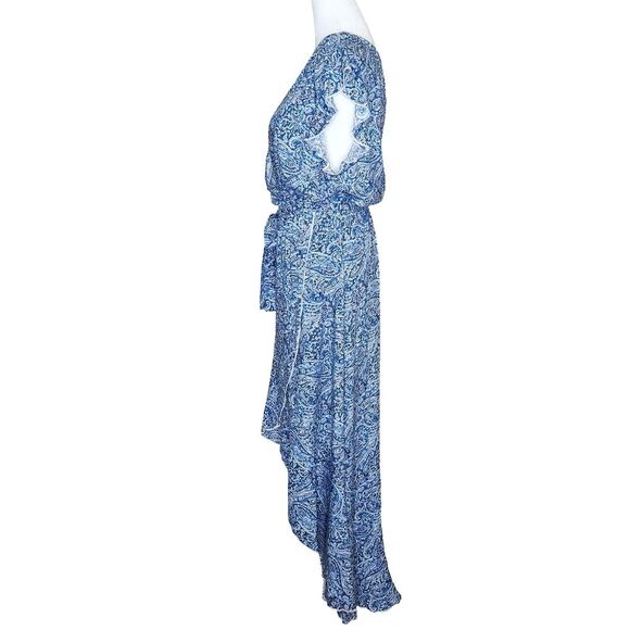 Grecerelle Hi Low Dress Faux Wrap Front Flutter Sleeve Blue Paisley Print XL - Picture 4 of 14